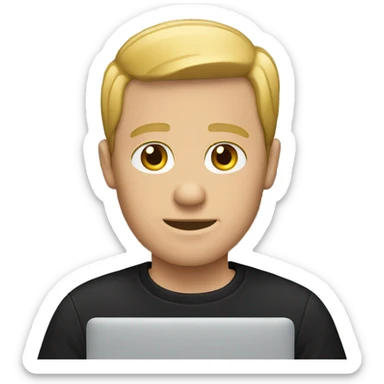 white man with MacBook black shirt sticker