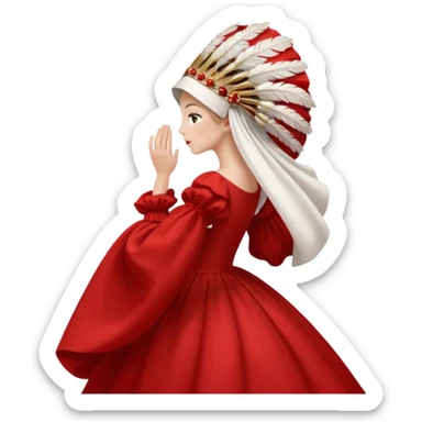 mujer de perfil con un vestido rojo de manga y falsas largas y voluptosas, y una toca blanca GRANDE que no se le ve la cara porque la toca la cubre sticker