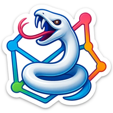 Transform the image into a 3D, colorful logo featuring a white snake weaving through digital network lines. Use vibrant colors and make it shiny and dimensional, inspired by the reference image. sticker