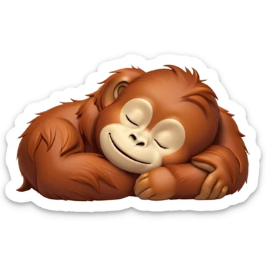 Meme-Worthy cute Sleeping Orangutan Portrait Emoji, Head resting peacefully with a contented smile, showcasing luxuriously soft fur and eyes gently closed in serene slumber, Simplified yet comically adorable features, highly detailed, glowing with a soft, drowsy jungle light, high shine, relaxed and utterly lovable, stylized with an air of playful laziness, bright and heartwarming, soft glowing outline, capturing the essence of a sleeping orangutan that feels destined to become the next viral icon of adorable rest! sticker