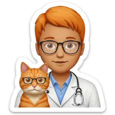 Veterinario trigueño con lentes y  un gato naranja sticker