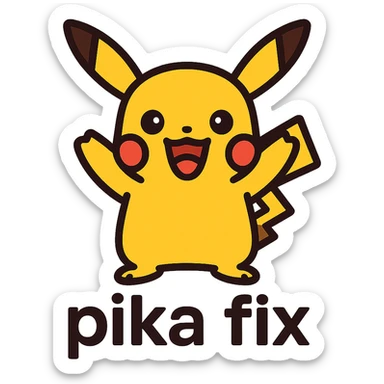 Edit the Pikachu character to be cute and energetic with two lines of text below it: 'pika' on the first line and 'fix' on the second line. Use a colorful lineal icon style with black outlines. Remove the background. sticker