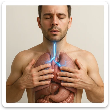 realistic 4K image of a man improving his vagus nerve through breathing protocols, front view, anatomical details, highlighted vagus nerve path with blue glowing effect, man with hands on chest breathing deeply, transparency on internal organs, light background sticker