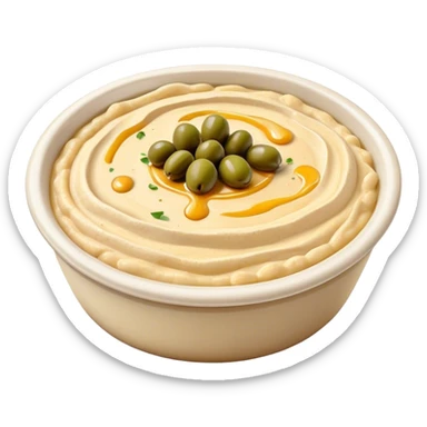 Cinematic Realistic Hummus Dish Emoji, depicted as a creamy chickpea dip drizzled with olive oil rendered with rich textures and warm, inviting lighting. sticker