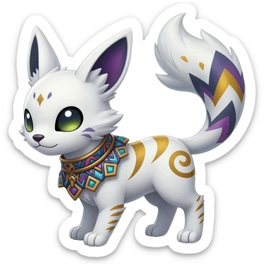 Rare epic white exotic cute epic aesthetic gothic colorful Salandit-Eevee-Civet-species-Fakemon-hybrid-creature, with a collar, and with intricate tribal markings, full body sticker