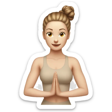 Pale skinned fit women in a beige tight yoga suit and wristbands with brown hair in a bun doing yoga sticker