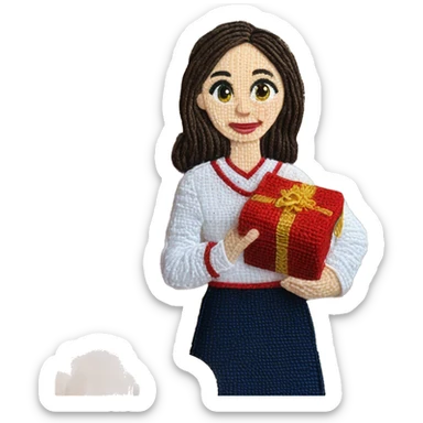 A female teacher in Ukrainian embroidery holds a gift in her hand sticker