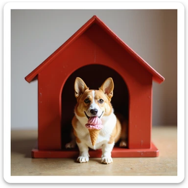 realistic red dog house with a Corgi dog inside, Corgi with a ice cream, photorealistic style sticker