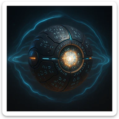 A S'pht Pfhor dialect radio transmission compiler: a floating, orb-like artifact with embedded runes, radiating energy waves, and a central crystal core. The style is otherworldly, with a dark metallic body and glowing blue and orange accents. sticker