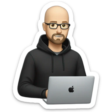 bald white man with glasses and a black beard typing on apple computer wearing a black hoodie sticker