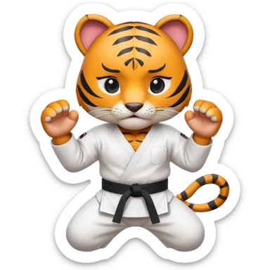 cute tiger doing karate portrait, head and shoulders only, wearing white gi uniform, black belt visible, fierce expression, 3D cartoon, mobile game icon style, clean background, no text, no watermark
 sticker