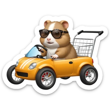 Racing drift car whose frame and suspension is made of shopping cart material with a large rear spoiler is being professionally steered driven by a small thin Guinea pig  sticker
