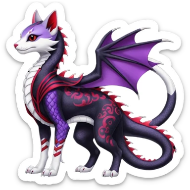 Kawaii feral, four-legged gothic dark badass black, red, purple, beautiful pretty elegant divine edgy feline-vernid-sergal-Haku-dragon-fursona-animal-creature, full body, with intricate detailed markings, silken shawl sticker