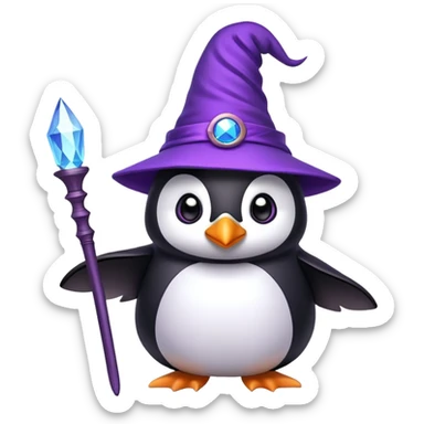 Penguin wearing a purple wizard hat and holding a magic wand sticker