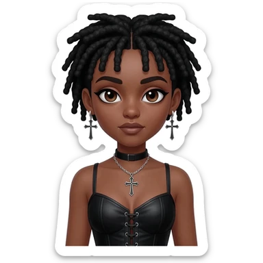 goth black girl with black corset, with brown skin, cross earrings, ankh necklace with center parted short black micro locs with bangs, whole white face paint sticker