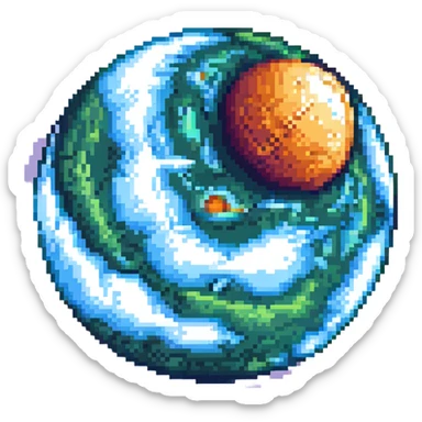 high resolution pixel art planet inspired by Jupiter, photorealistic details, swirling clouds, space background sticker