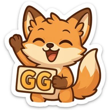playful and cheerful fox emote for twitch saying GG (good game), joyful and lively sticker