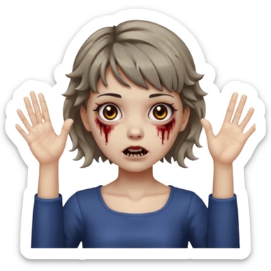 Cabelo ondulado  um pouco cheio e franja curta  Olhos marrons e pequenos e feita d ezumbi mais bonita com cabelo amarro na e com as mãos assim tipo assim🧟‍♀️ sticker