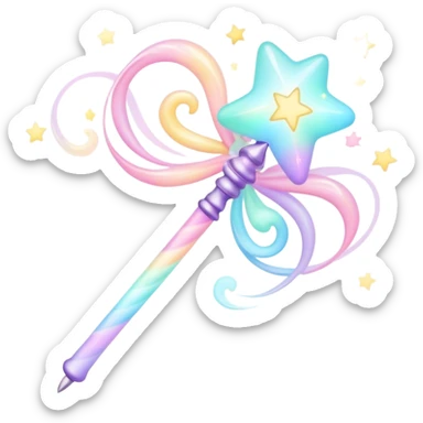 Cinematic cute magical wand, pastel swirls of color, tiny twinkling stars floating around, glowing softly, chubby rounded edges, whimsical and dreamy. sticker