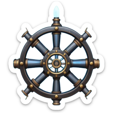 A Discord emoji of a black iron mechanical propeller or anchor with glowing blue energy lines. Steampunk-gothic fusion, high visibility, white background. sticker