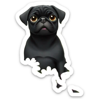 Black pug , surrounded by flowers, holding a green sign that says “good luck”  sticker