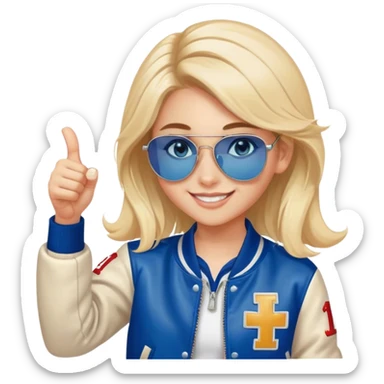 smiling girl in letterman jacket Blue eyes thumb up, Name is Tini, sunglasses in hair sticker