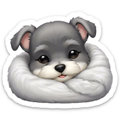 Meme-Worthy Cute Sleeping Miniature Schnauzer Portrait Emoji, Head gently tilted in a relaxed, blissful slumber with a soft, contented smile and eyes tenderly closed, featuring a neat salt-and-pepper fur with charming, relaxed features, simplified yet irresistibly endearing, highly detailed, glowing with a soft, cozy radiance, high shine, exuding gentle, heartwarming charm, styled with a soft glowing outline, capturing the essence of a sleeping Miniature Schnauzer that looks perfectly poised to become a viral icon of adorable rest! sticker
