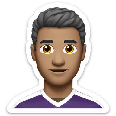 49 y-o soccer player, short hair, small central crest "salt and pepper", dark stubble, subtle rounded face, brown eyes, black and purple jersey sticker