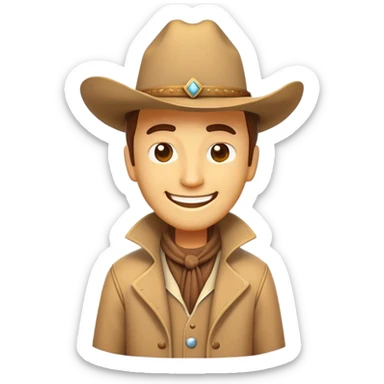 Clash of Clans aesthetic Cheerful Cowboy Portrait Emoji, With a bright, confident smile and a relaxed, adventurous stance, showcasing a stylized, spirited build in a duster coat and classic hat, his face rendered in natural skin tone, Simplified yet expressive features, highly detailed, glowing with a soft, golden western radiance, high shine, upbeat and daring, stylized with an air of classic cowboy allure, soft glowing outline, capturing the essence of a cheerful cowboy ready to gallop into epic adventures! sticker