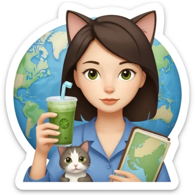 a brunette woman in here 30S drinking an iced matcha, carrying a grey cat and a map of the world sticker