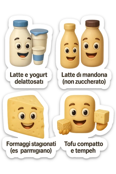 emoji stile iphone 3d di questi elementi che fluttuano in aria:

Latte e yogurt delattosati
Latte di mandorla (non zuccherato)
Latte di soia da proteine isolate
Formaggi stagionati (es. parmigiano)
Tofu compatto e tempeh
 che fluttuano in aria,  le etichette scrivile in italiano, iperealistico 4k sticker