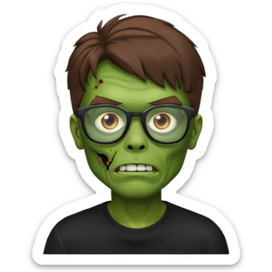 Green zombie, brown hair, black glasses, black shirt. iOS style. sticker
