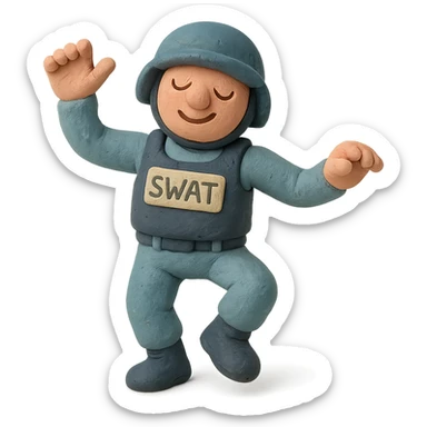 claymation style SWAT character dancing, visible fingerprints, pastel colors sticker