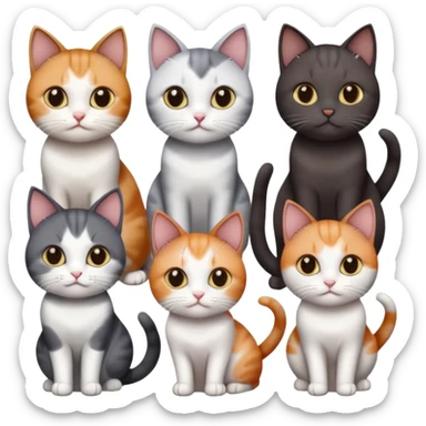 4 different coloured short haired cats including; a dark brown and white cat, and a dark grey and white, and a calico sticker