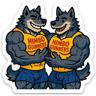 two hyper-muscular wolf furry characters in 'Himbo gunners' t-shirts, admiring and touching each other's muscles, big smiles, playful and affectionate, oversized and detailed muscles, intricate fur, ultra high quality sticker