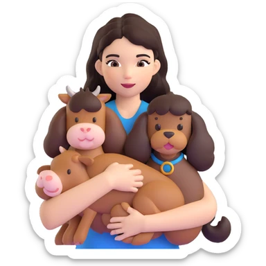 Kendall Jenner with long dark hair holding a brown poodle and a cow cat in her arms sticker