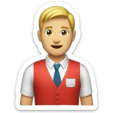 a supermarket assistant in a red waistcoat. sticker