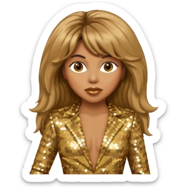 Tina Turner with long light brown hair, gold outfit sticker
