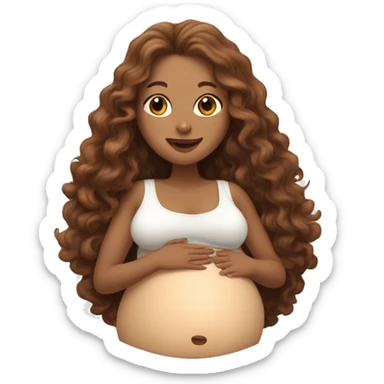 Pregnant white lady with long, brown, curly hair holding her belly sticker