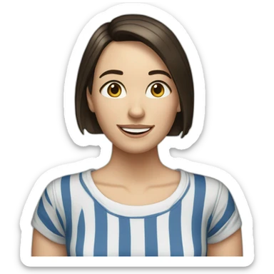caucasian woman with dark brown hair a bob haircut, braces on teeth, blue and white striped t shirt sticker