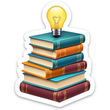 stack of books with a glowing idea symbol sticker
