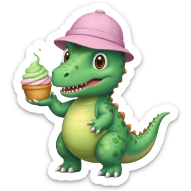 quiero un dinosaurio divertido con delantal y gorro de pastelero y en la mano un pastel sticker
