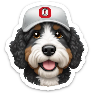 Bernedoodle with Ohio state baseball cap sticker