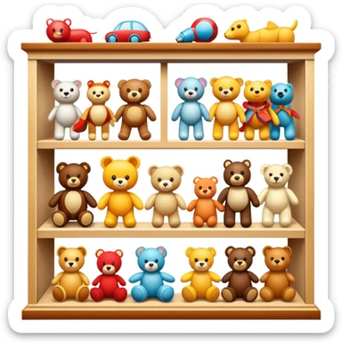 Icon for Toy Collecting: a collection of various vintage toys such as dolls, action figures, and plush animals, displayed neatly on shelves or in display cases. The icon should evoke the joy and nostalgia of collecting toys. Transparent background. sticker