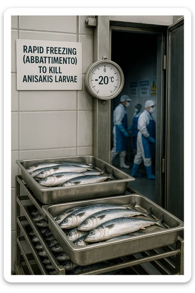 a fish processing facility where freshly caught fish are placed on trays and moved into a large industrial freezer. A temperature gauge shows -20°C, and an educational label explains that rapid freezing (abbattimento) is used to kill Anisakis larvae. The background includes workers in protective clothing and clear signage about food safety. sticker