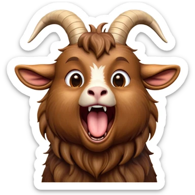 Cinematic Cute Yawning Brown Goat Portrait Emoji, Head tilted slightly with a dramatic, wide-open yawn, showcasing a soft, downy brown fur with delicate horns and gently drooping ears, round eyes barely open in drowsy contentment, Simplified yet irresistibly adorable features, highly detailed, glowing with a soft, cozy glow, high shine, relaxed yet expressive, stylized with a touch of rustic whimsy, bright and endearing, soft glowing outline, capturing the essence of a sleepy yet affectionate goat, so drowsy it feels like it could stretch out of the screen and curl up for a nap! sticker