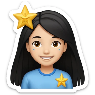 A girl in white with black long straight hair with star hairclip and light brown skin sticker