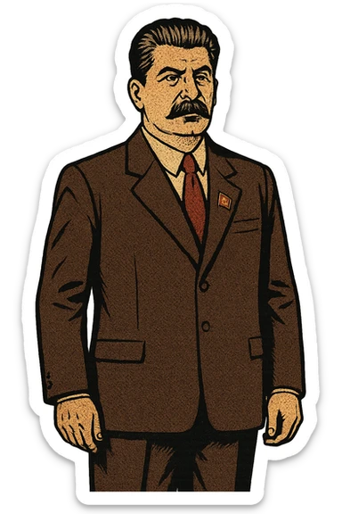 A full body image of a political leader who looks like Joseph Stalin and  who is wearing a suite with a badge of the communist party on his jacket.  He will be looking serious sticker