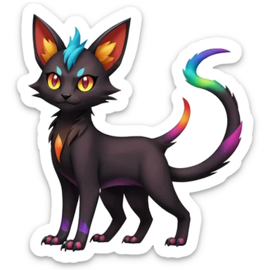 Obsidian-pitch-Black with rainbow-markings edgy Noivern-Purloin-Torracat-Lykoi-Caracal-cat-Fakemon-fusion-hybrid-creature sticker