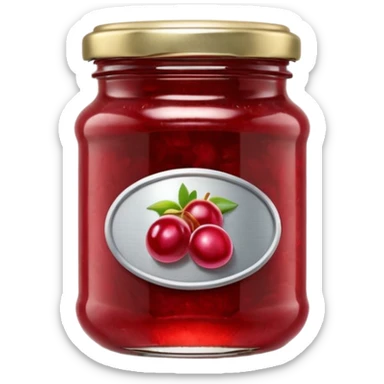 small glass jar filled with vibrant red jam, thick texture with visible fruit bits, simple metallic lid, small blank label, 3D, clean, soft lighting, subtle glass reflections, soft shadows, no anthropomorphic features, transparent background, emoji scale sticker